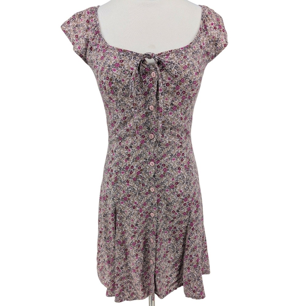 Y2K Mossimo Floral Mini Dress XS Purple Pink Tie Back Boho Feminine Festival - Picture 2 of 14